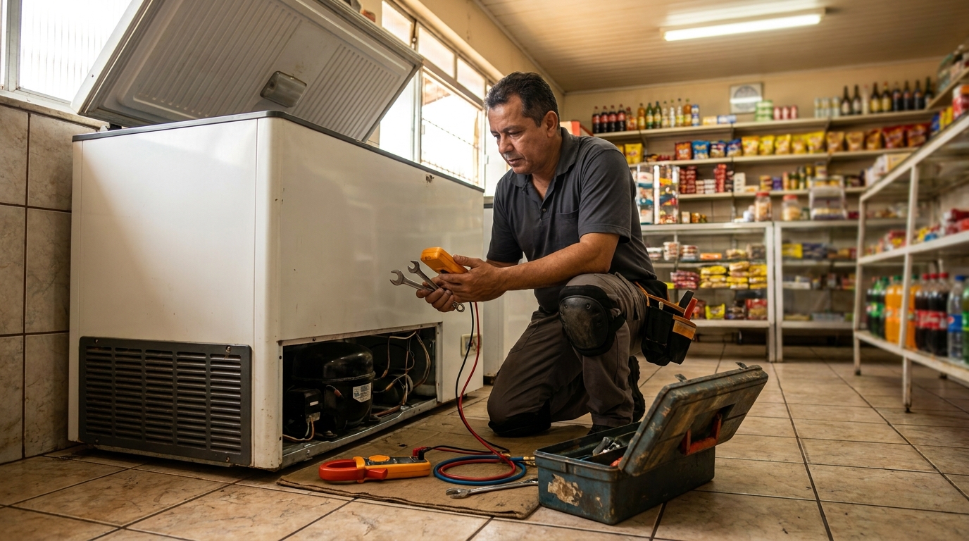 Técnico avaliando um freezer vertical durante atendimento em São José dos Campos‑SP